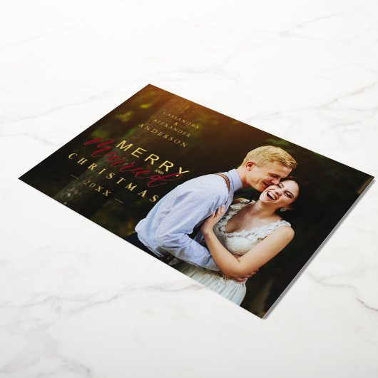 Golden Married & Merry Newlyweds Photo Christmas Folie Feestdagenkaart (Gedraaid)