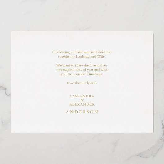 Golden Married & Merry Newlyweds Photo Christmas Folie Feestdagenkaart (Achterkant)