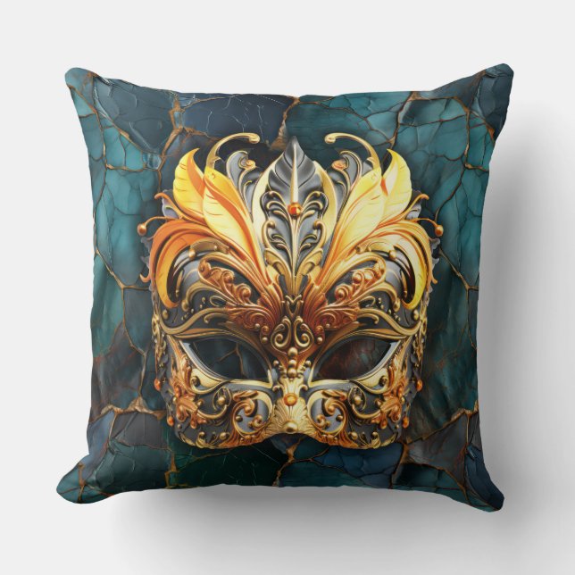 Golden Mask op Blauwgroen Vains achtergrond Kussen (Voorkant)
