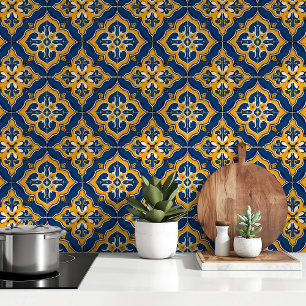 Golden Mediterranean: Blauwe & Gele Azulejo Tegels Behang