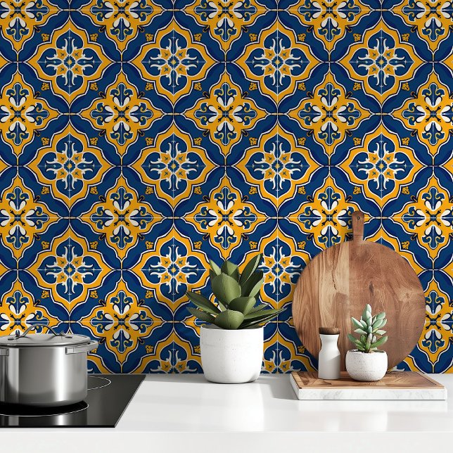 Golden Mediterranean: Blauwe & Gele Azulejo Tegels Behang (Creator heeft geüpload)