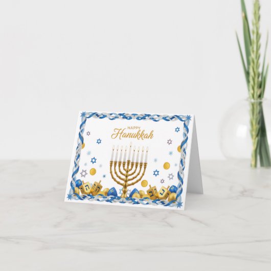 Golden Menorah & Dreidel — Happy Hanukkah Card Bedankkaart (Voorkant)