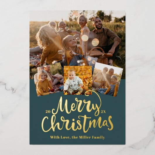 Golden Merry kerst Elegant fotocollage Folie Feestdagenkaart (Voorkant)