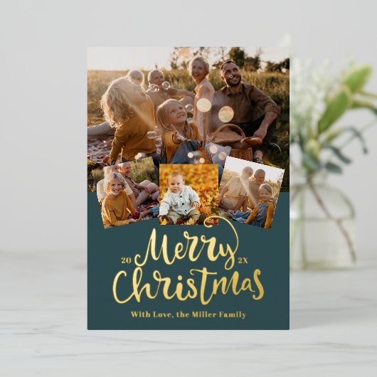 Golden Merry kerst Elegant fotocollage Folie Feestdagenkaart (Staand Voorkant)