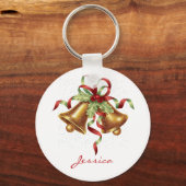 Golden Merry-kerstbal met Red Bow-feestdag Sleutelhanger (Voorkant)