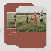 Golden MERRY Modern Photo Holiday Kaart | Red (Voorkant / Achterkant)