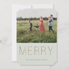 Golden MERRY Modern Photo Holiday Kaart | Sage
