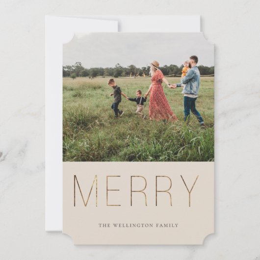 Golden MERRY Modern Photo Holiday Kaart | Sand (Voorkant)