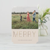 Golden MERRY Modern Photo Holiday Kaart | Sand (Staand voorkant)