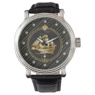 Golden metalen zeilschepen en goudstrips horloge