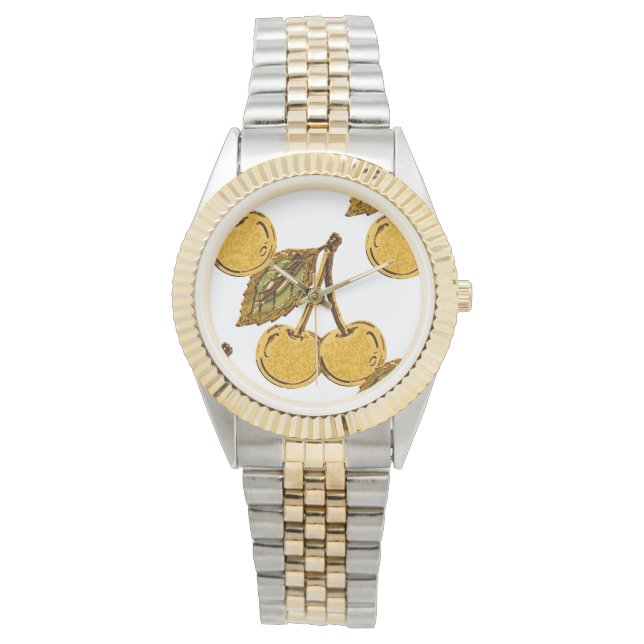 Golden Metallic Cherries Pattern Horloge (Voorkant)