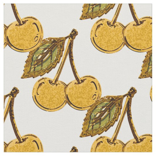 Golden Metallic Cherries Pattern Stof (Close Up)