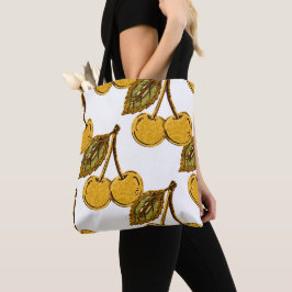 Golden Metallic Cherries Pattern Tote Bag