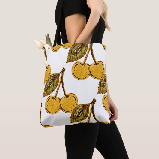 Golden Metallic Cherries Pattern Tote Bag (Dichtbij)