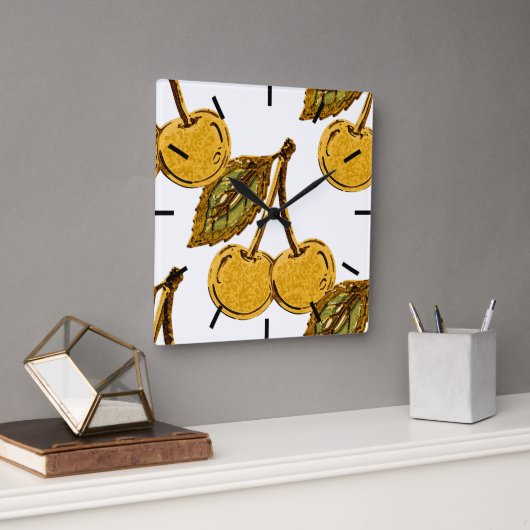 Golden Metallic Cherries Pattern Vierkante Klok (Kantoor)