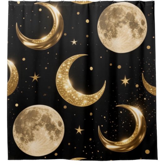 Golden Metallic Moons Patroon, Luxe Celestial Douchegordijn (Voorkant)