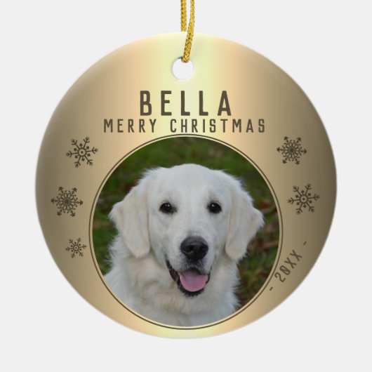 Golden Metallic Snowflake Dog foto Keramisch Ornament (Voorkant)