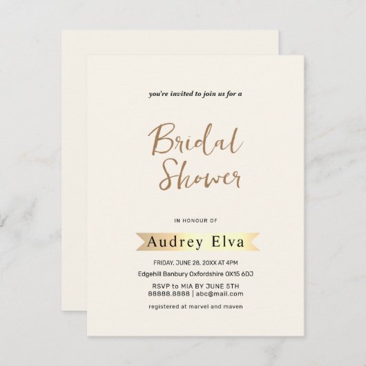 Golden Minimalist Bridal Shower Uitnodiging (Voorkant / Achterkant)
