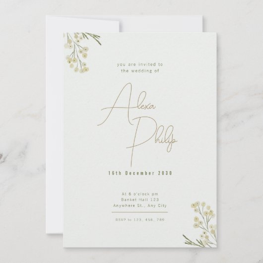 Golden minimalistische waterverf bloemenbruiloft kaart (Voorkant)