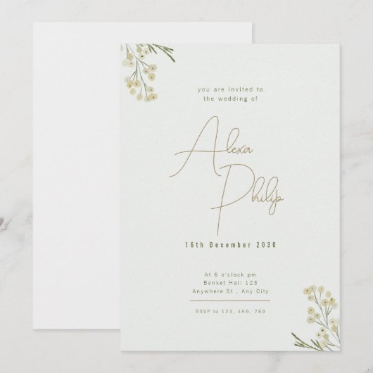 Golden minimalistische waterverf bloemenbruiloft kaart (Voorkant / Achterkant)