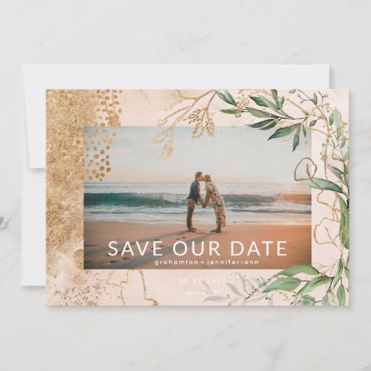 Golden Modern Eucalyptus Greenery Abstracte Foto Save The Date (Voorkant)