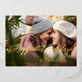 Golden Modern Mrs & Mr Happiest Holidays Christmas Folie Feestdagenkaart