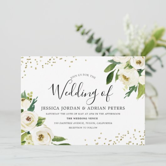 Golden Modern White Floral Wedding Invite Kaart (Staand voorkant)