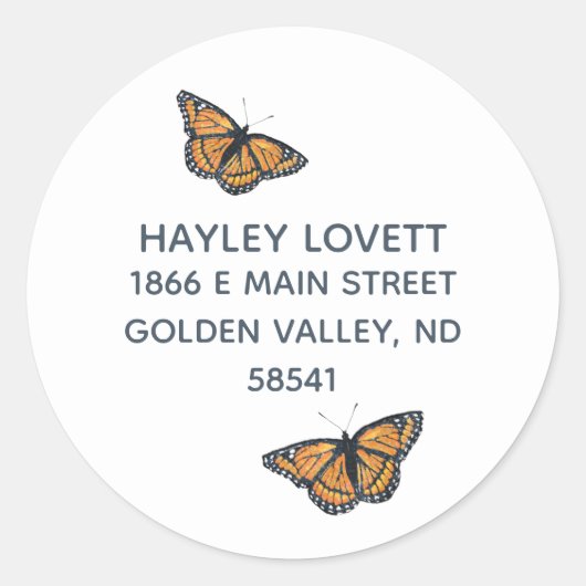Golden Monarch Butterfly Artwork Return Address Ronde Sticker (Voorkant)