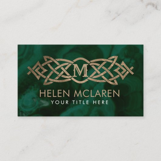 Golden Monogram Celtic Knot Ornament op malachite Visitekaartje (Voorkant)