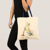 Golden Monogram Letter A Blue Waterverf Flowers Tote Bag (Voorkant (product))