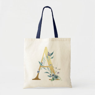 Golden Monogram Letter A Blue Waterverf Flowers Tote Bag