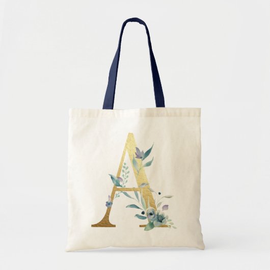 Golden Monogram Letter A Blue Waterverf Flowers Tote Bag (Voorkant)