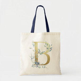 Golden Monogram Letter B Blue Waterverf Flowers Tote Bag