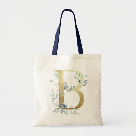 Golden Monogram Letter B Blue Waterverf Flowers Tote Bag (Voorkant)