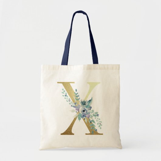 Golden Monogram Letter Blue Waterverf Flowers Tote Bag (Voorkant)