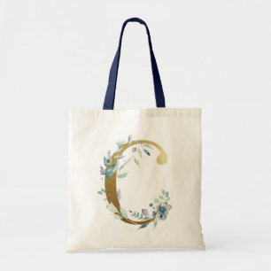 Golden Monogram Letter C Blue Waterverf Flowers Tote Bag
