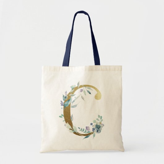 Golden Monogram Letter C Blue Waterverf Flowers Tote Bag (Voorkant)