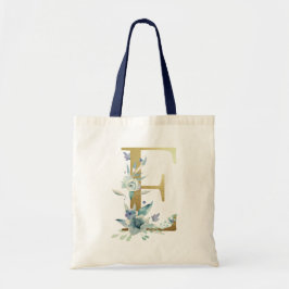 Golden Monogram Letter E Blue Waterverf Flowers Tote Bag