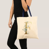 Golden Monogram Letter F Blue Waterverf Flowers Tote Bag (Voorkant (product))