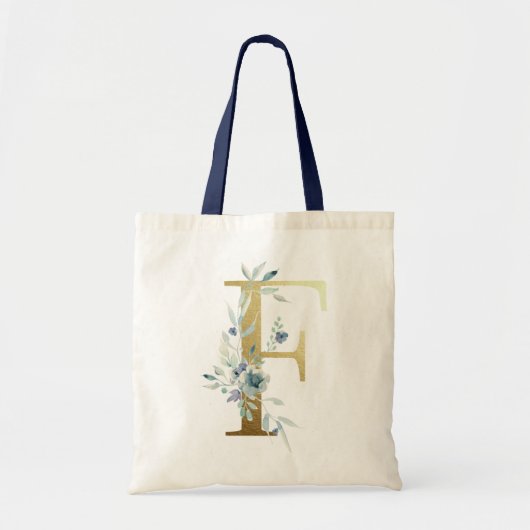 Golden Monogram Letter F Blue Waterverf Flowers Tote Bag (Voorkant)