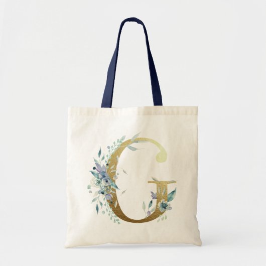Golden Monogram Letter G Blue Waterverf Flowers Tote Bag (Voorkant)