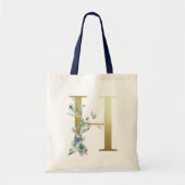 Golden Monogram Letter H Blue Waterverf Flowers Tote Bag (Voorkant)
