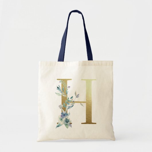 Golden Monogram Letter H Blue Waterverf Flowers Tote Bag (Voorkant)