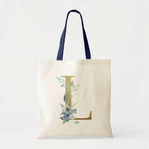 Golden Monogram Letter L Blue Waterverf Flowers Tote Bag