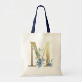 Golden Monogram Letter M Blue Waterverf Flowers Tote Bag (Voorkant)
