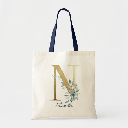 Golden Monogram Letter N Blue Name Floral Decor Tote Bag (Voorkant)
