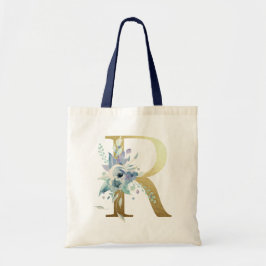 Golden Monogram Letter R Blue Waterverf Flowers Tote Bag