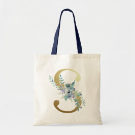 Golden Monogram Letter S Blue Waterverf Flowers Tote Bag
