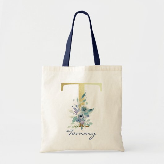 Golden Monogram Letter T Blue Name Floral Decor Tote Bag (Voorkant)