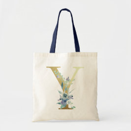Golden Monogram Letter Y Blue Waterverf Flowers Tote Bag
